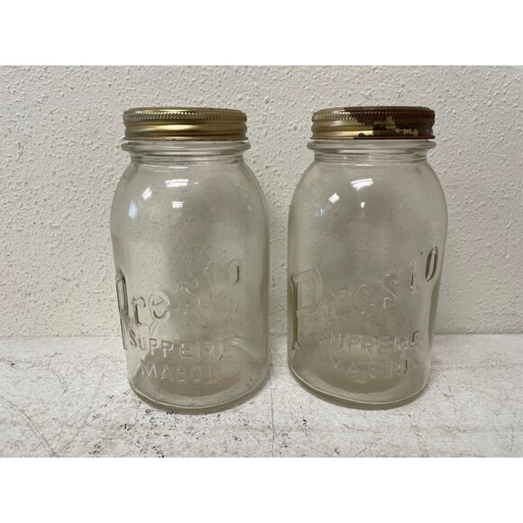 2 Vintage PRESTO SUPREME CLEAR QT Jar RARE PRESTO GLASS INSERT+BUTTERFLY LID - Picture 1 of 6